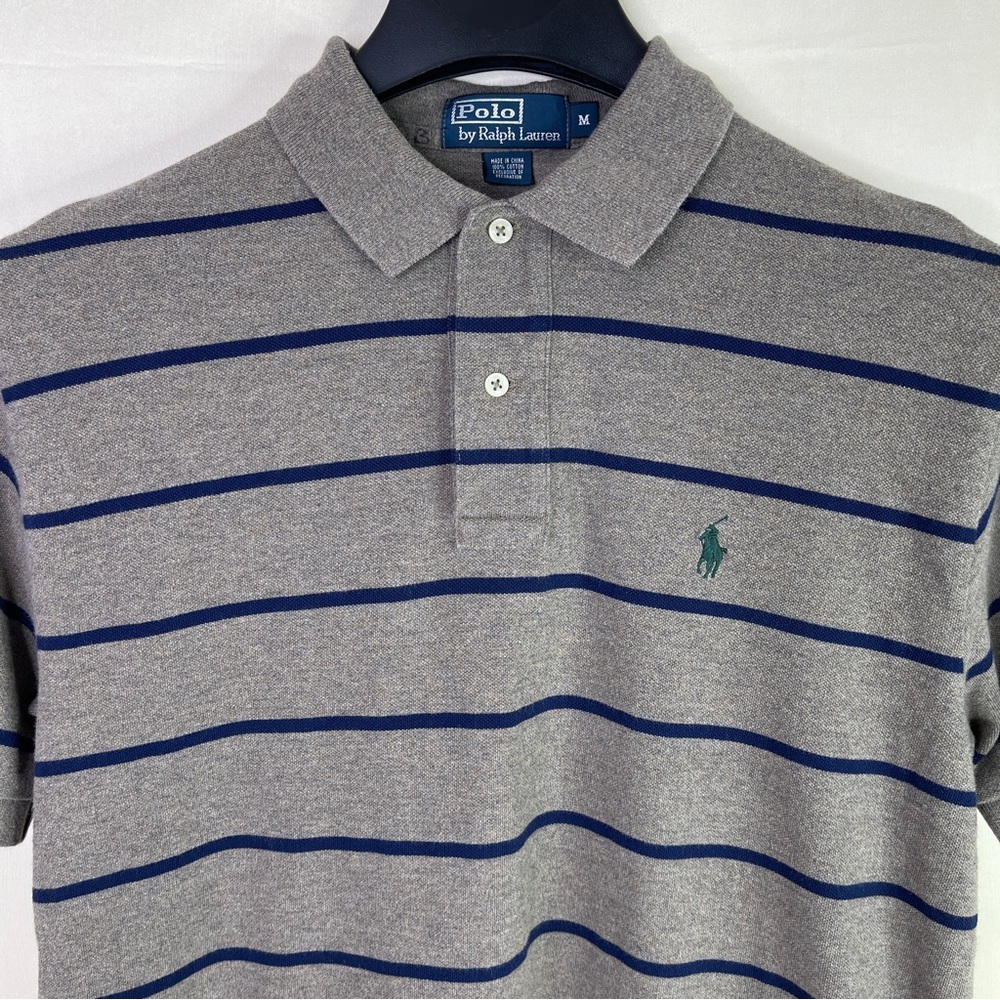 Polo Ralph Lauren Classic Fit Gray & Blue Striped Cotton Polo Shirt Medium